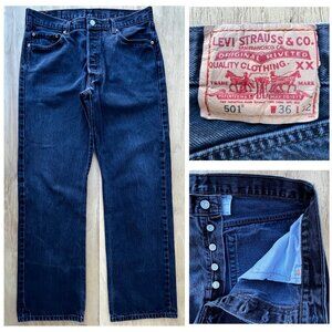 LEVIS 501 BUTTON FLY MEN’S BLACK JEANS sz 36W X 32L Straight Wide Leg Mid Rise